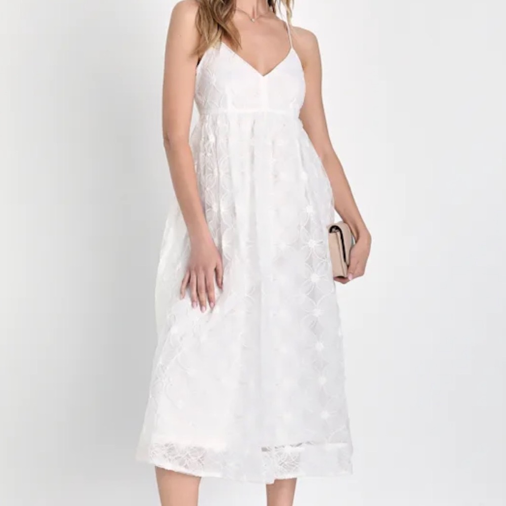Lulu's Ivory Florql Tulle Midi Dress - Picture 1 of 12